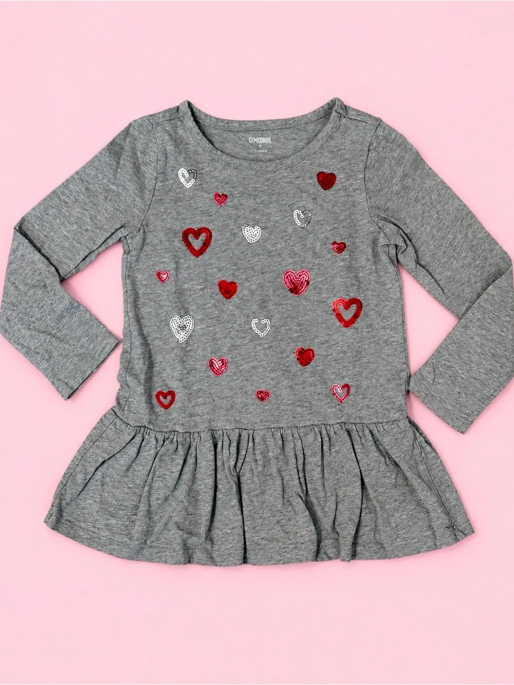 Gymboree Girls Size 6 Gray Sequin Heart Long Sleeve Ruffle Hem Top